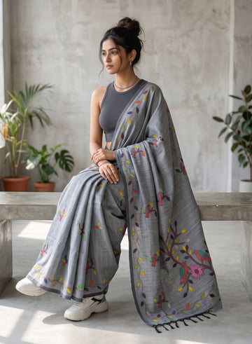Grey khadi cotton patch work and kantha stitch work saree