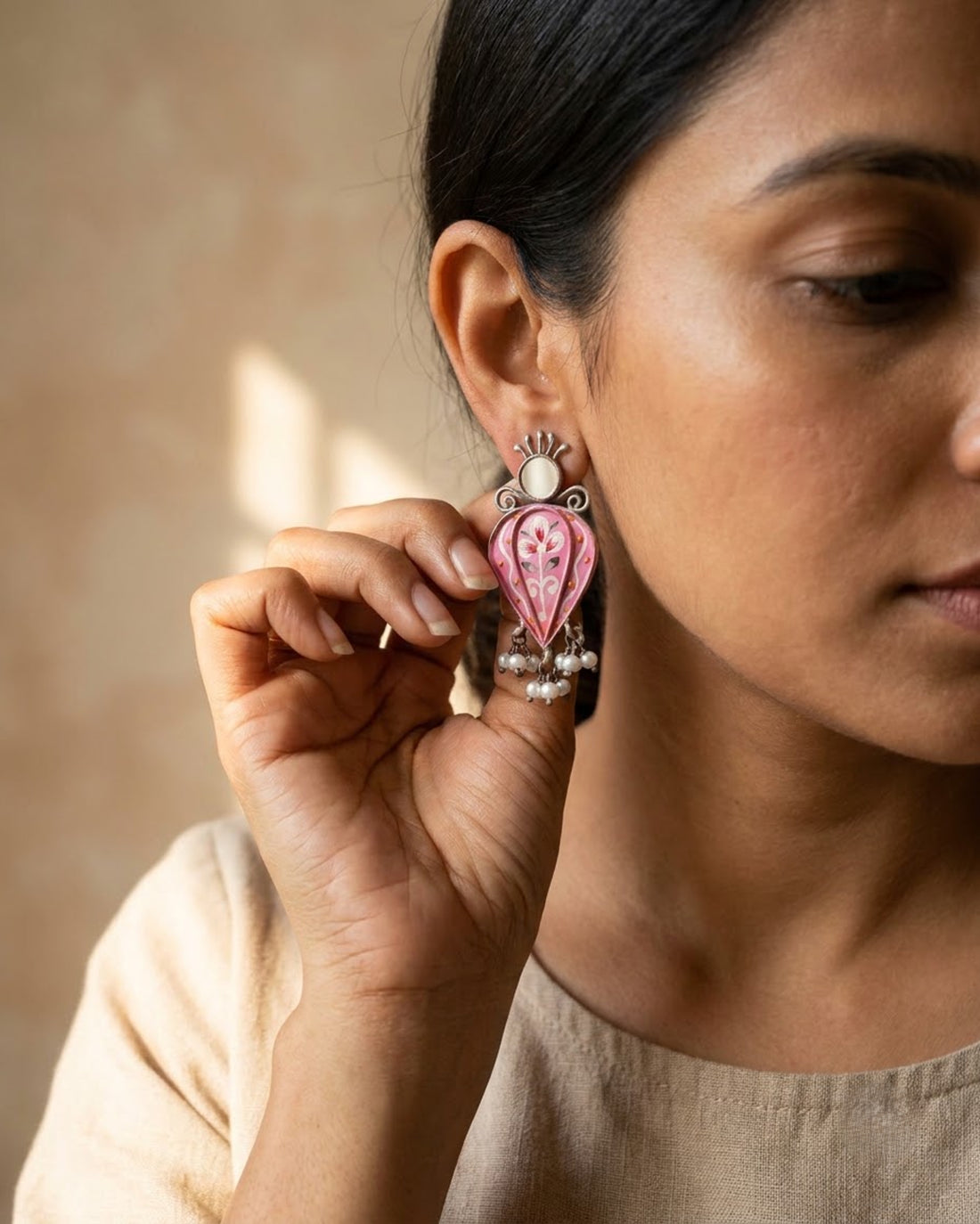 Gulzaar Hand-Painted Petal Pearl Earrings