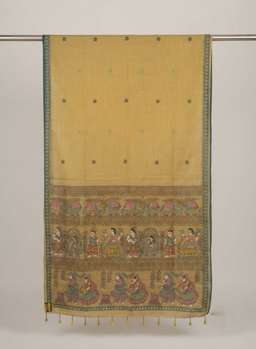 Haldi Mustard Madhubani Woven Linen Cotton Saree