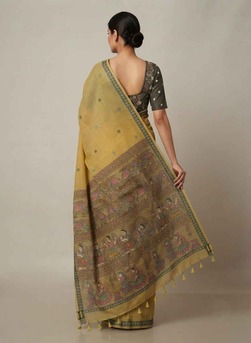 Haldi Mustard Madhubani Woven Linen Cotton Saree