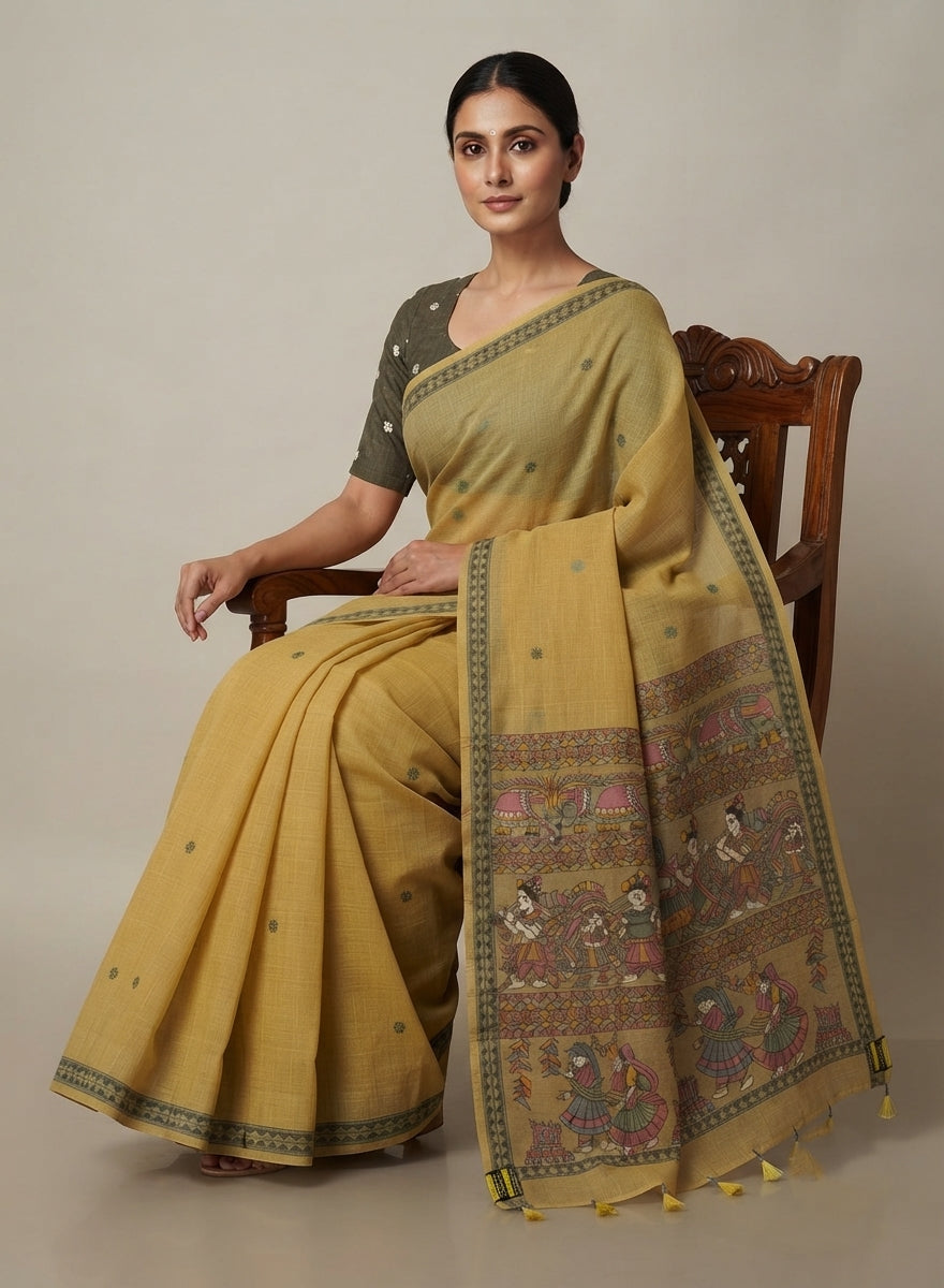 Haldi Mustard Madhubani Woven Linen Cotton Saree