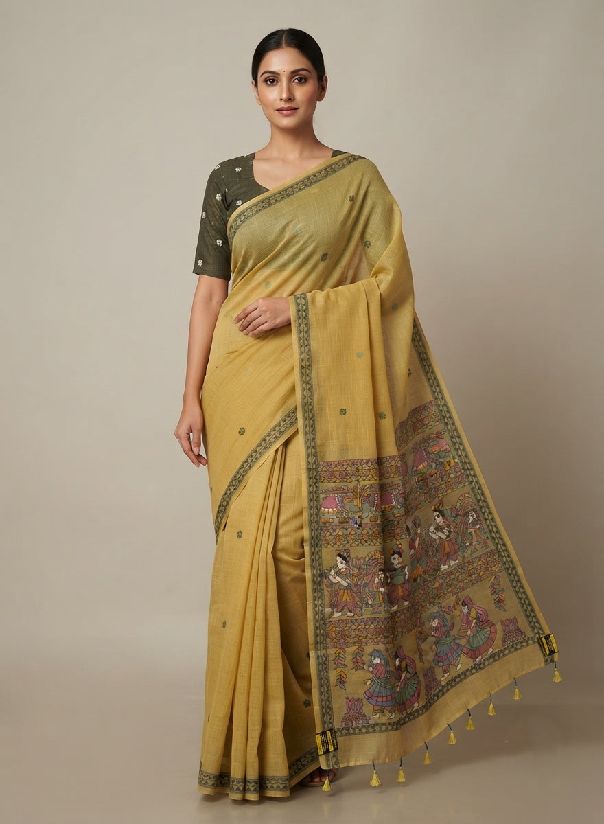 Haldi Mustard Madhubani Woven Linen Cotton Saree