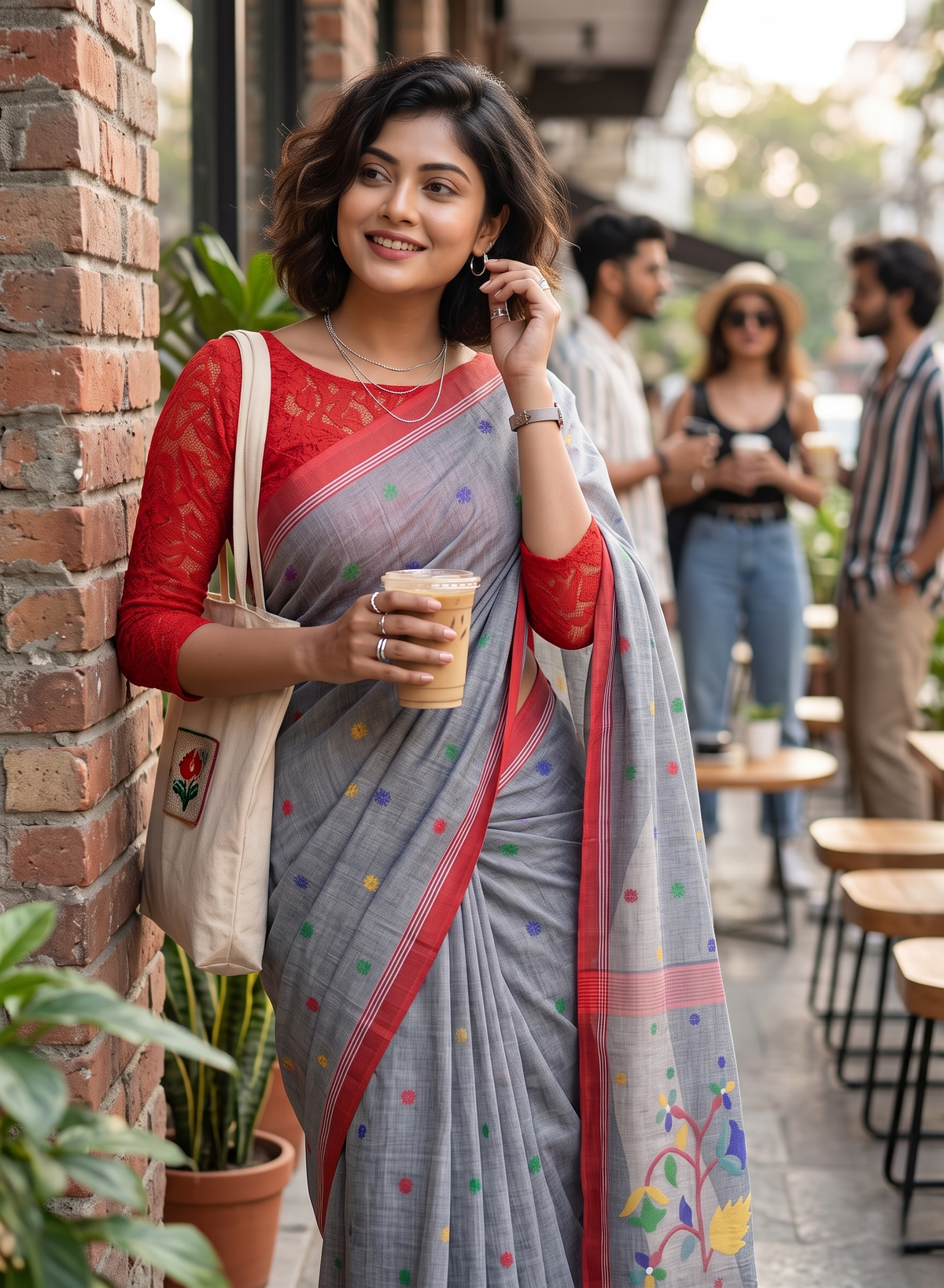 Handloom Jamdani Grey Mul Cotton Saree with Floral Buttas