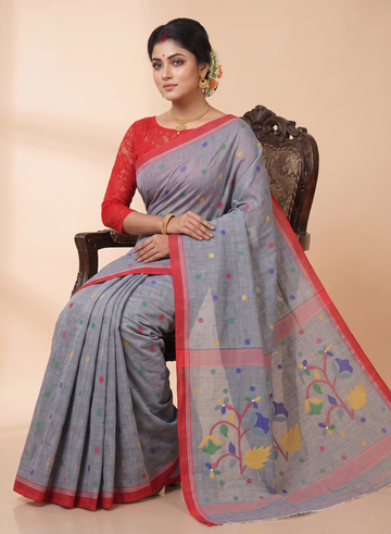 Handloom Jamdani Grey Mul Cotton Saree with Floral Buttas