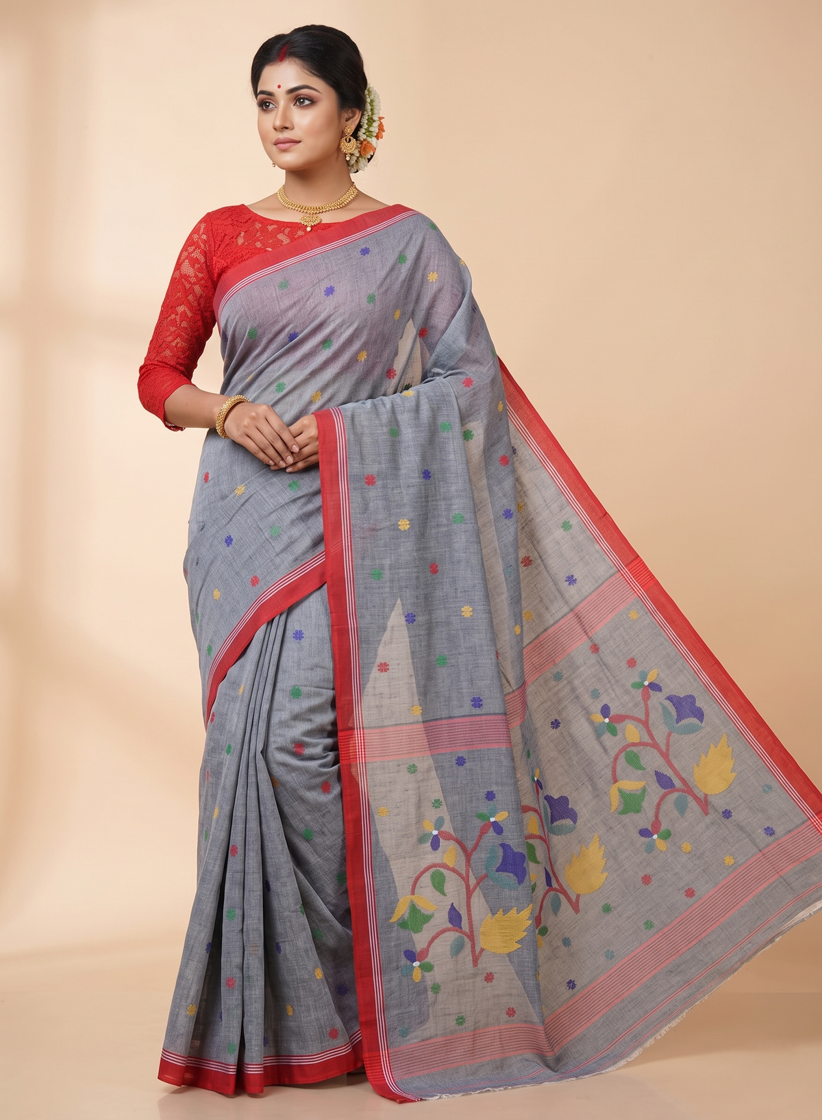 Handloom Jamdani Grey Mul Cotton Saree with Floral Buttas