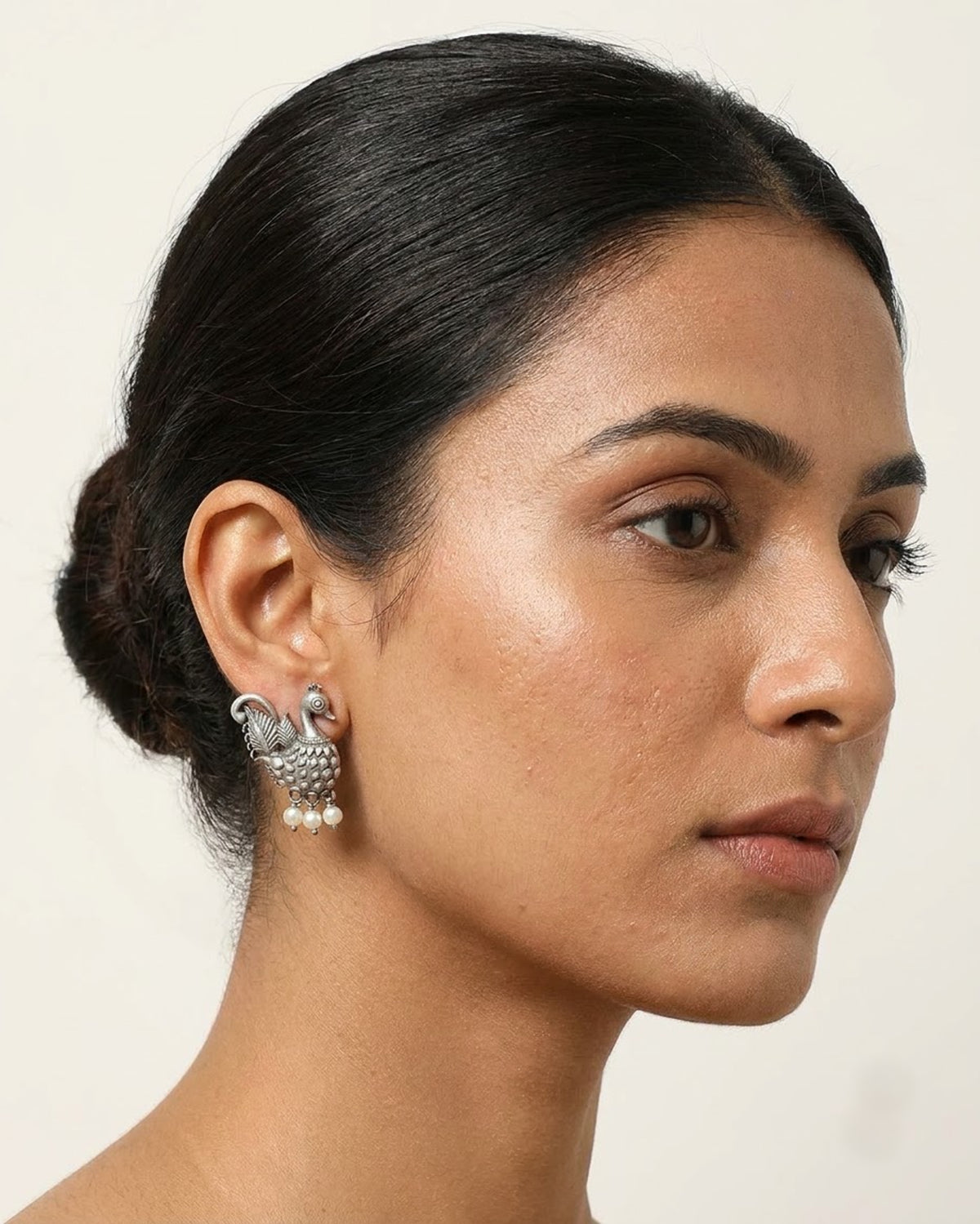 Hansika Oxidized Silver Swan Pearl Drop Earrings