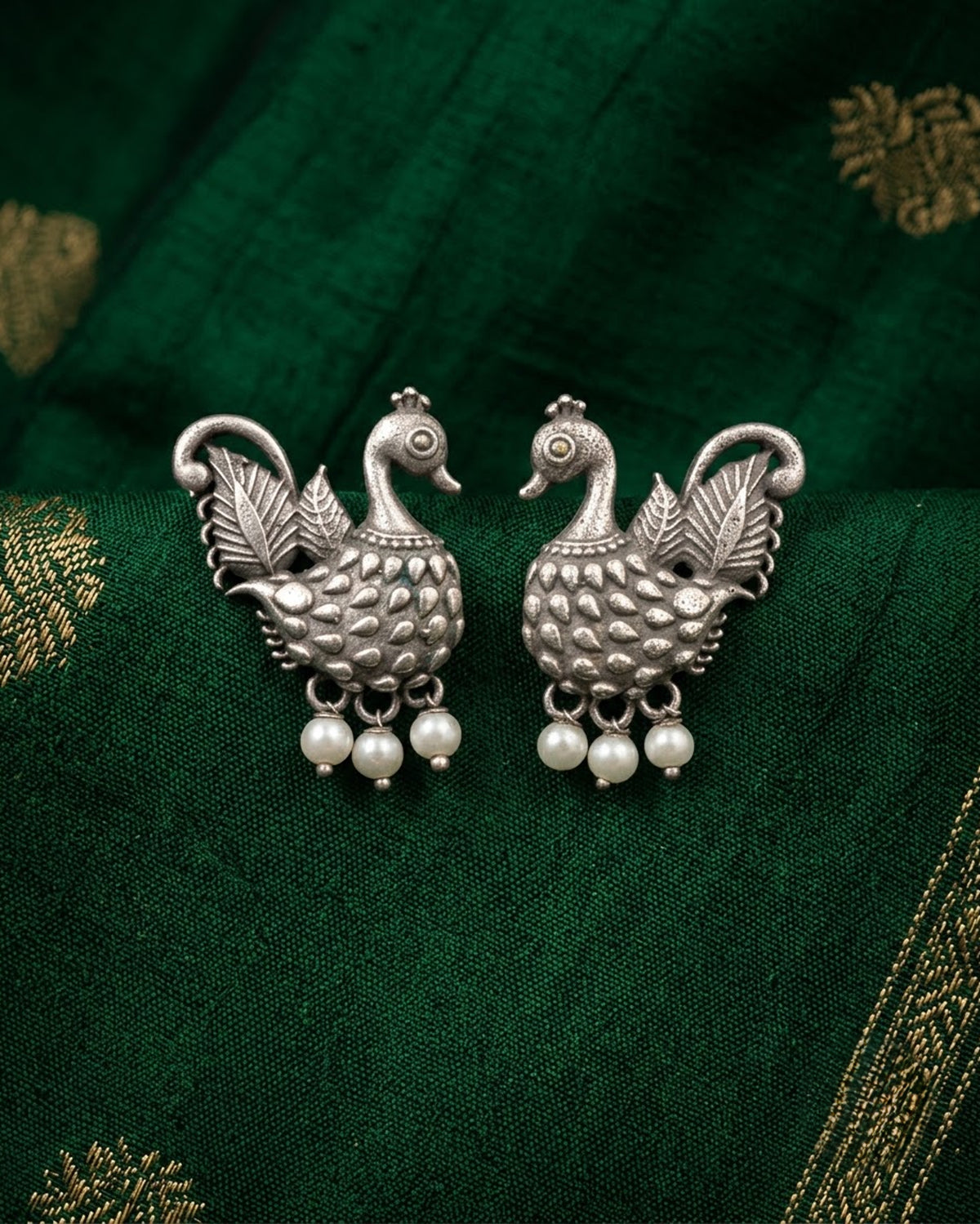 Hansika Oxidized Silver Swan Pearl Drop Earrings