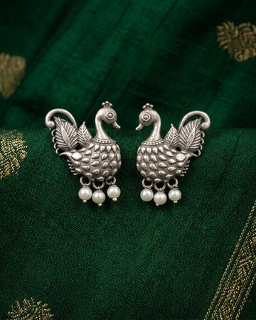 Hansika Oxidized Silver Swan Pearl Drop Earrings