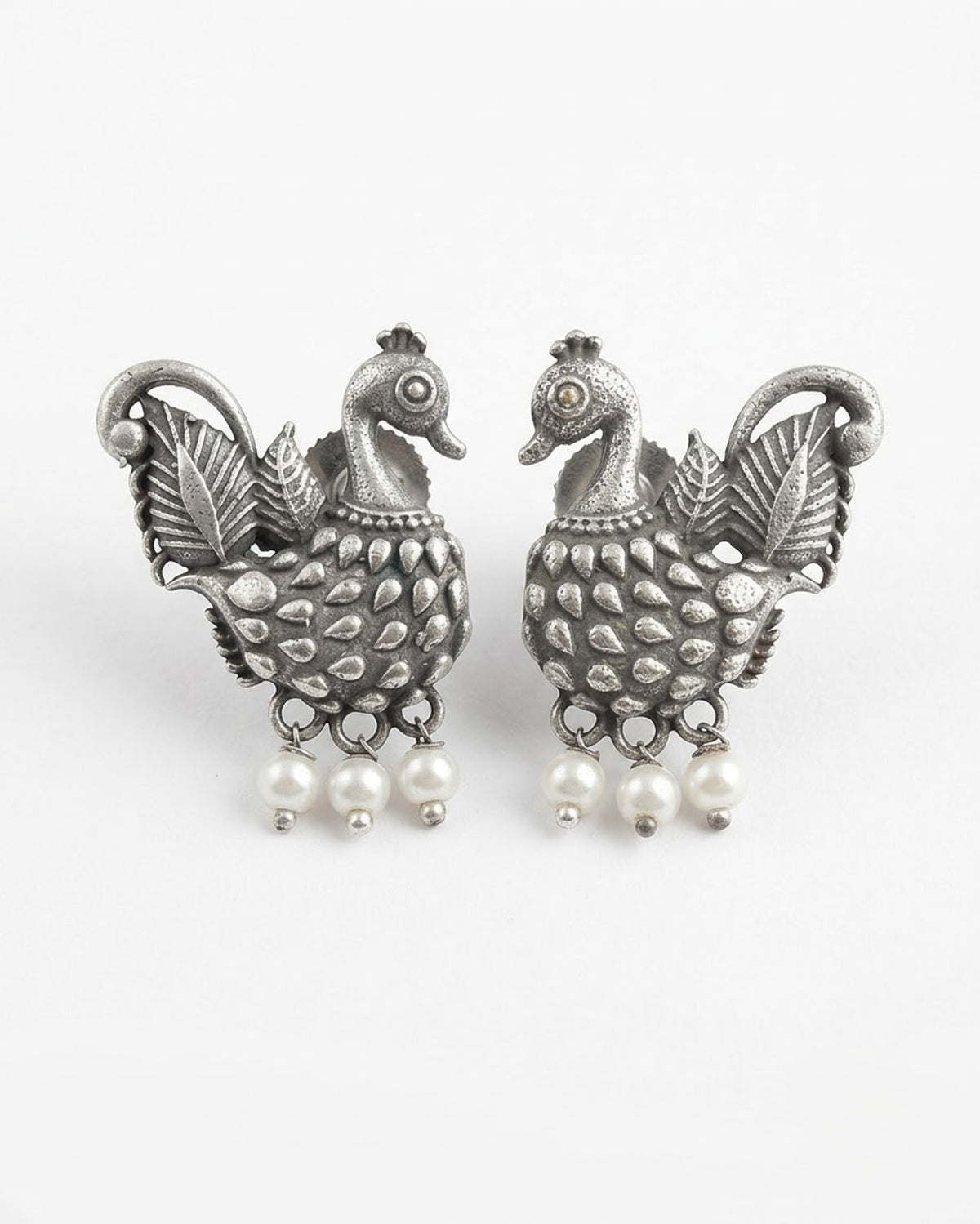 Hansika Oxidized Silver Swan Pearl Drop Earrings