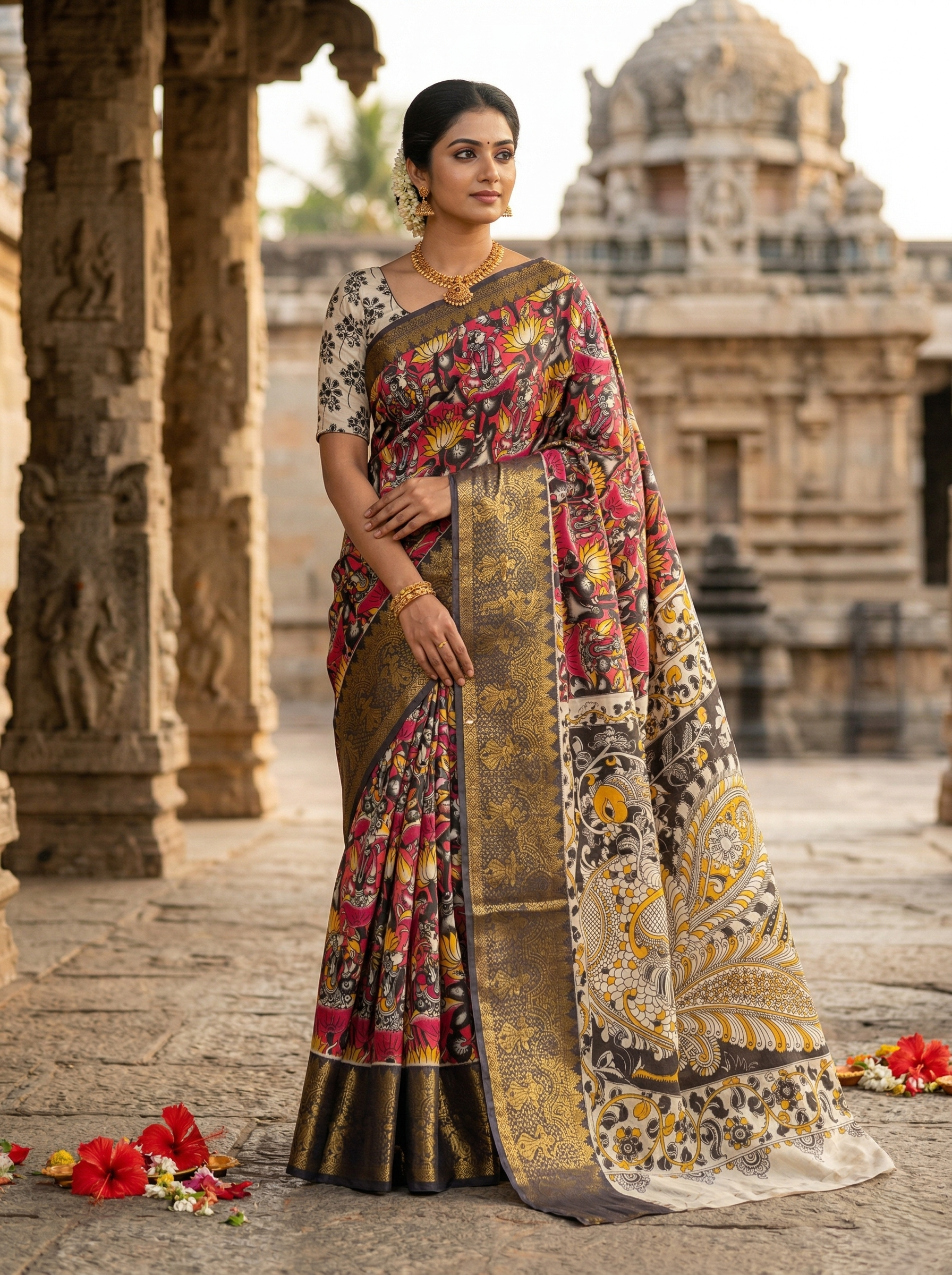 Kalamkari Mangalagiri silk Kanchi border saree- harikatha