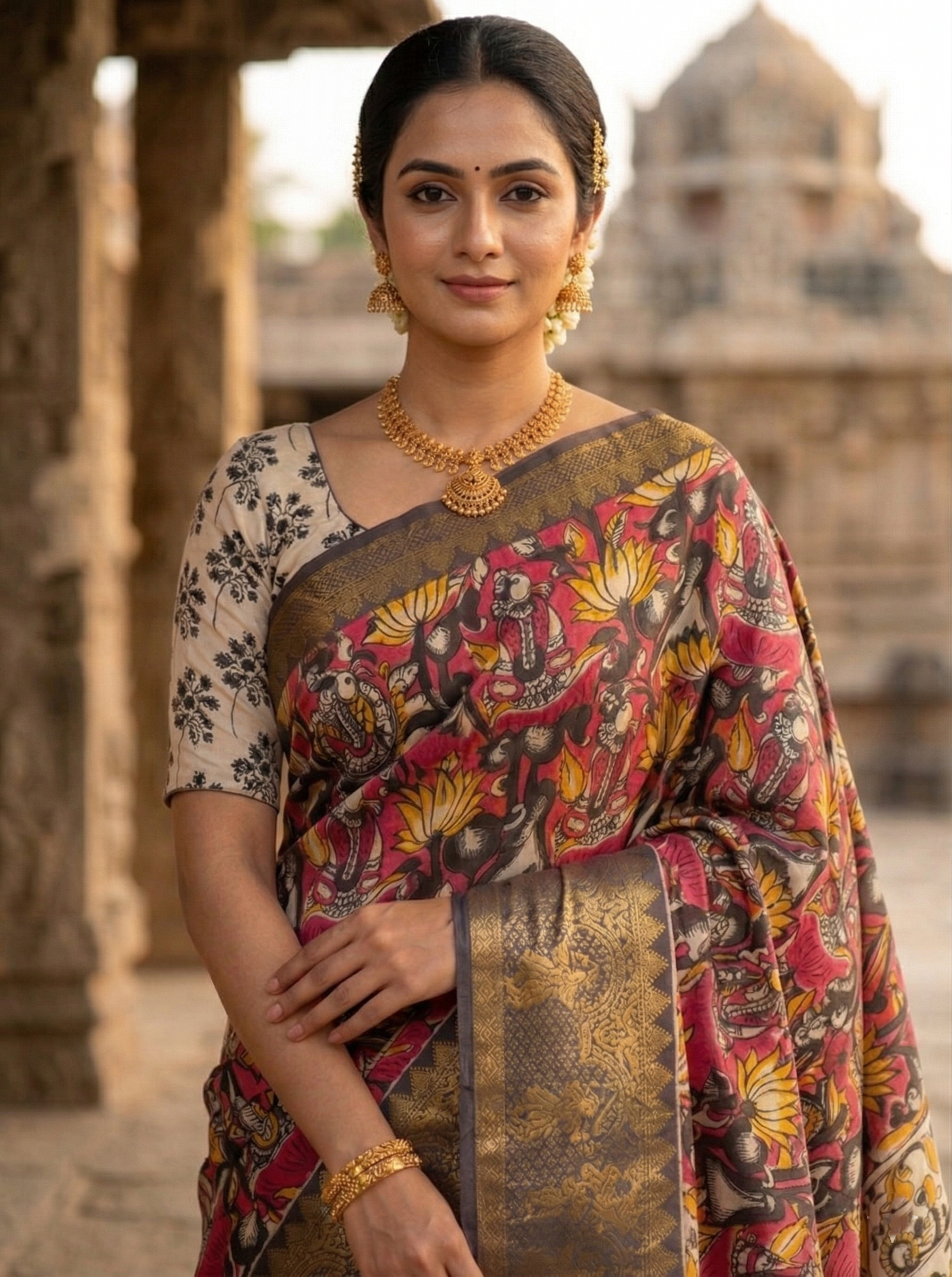 Kalamkari Mangalagiri silk Kanchi border saree- harikatha