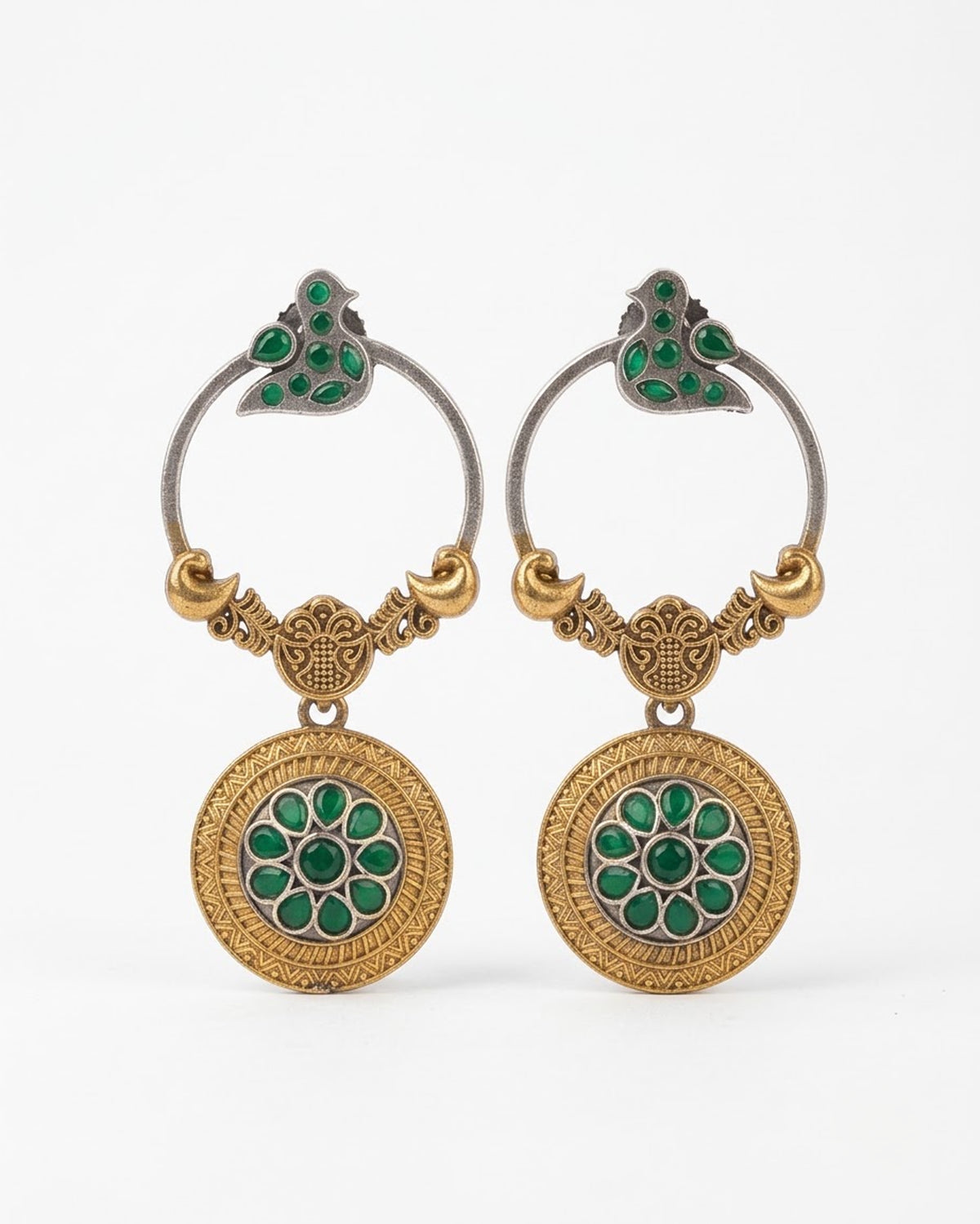 Chidiya Oxidized Dual-Tone Bird Hoop Earrings with Medallion Drop-Green