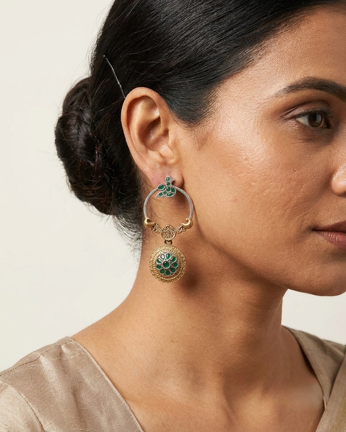 Chidiya Oxidized Dual-Tone Bird Hoop Earrings with Medallion Drop-Green