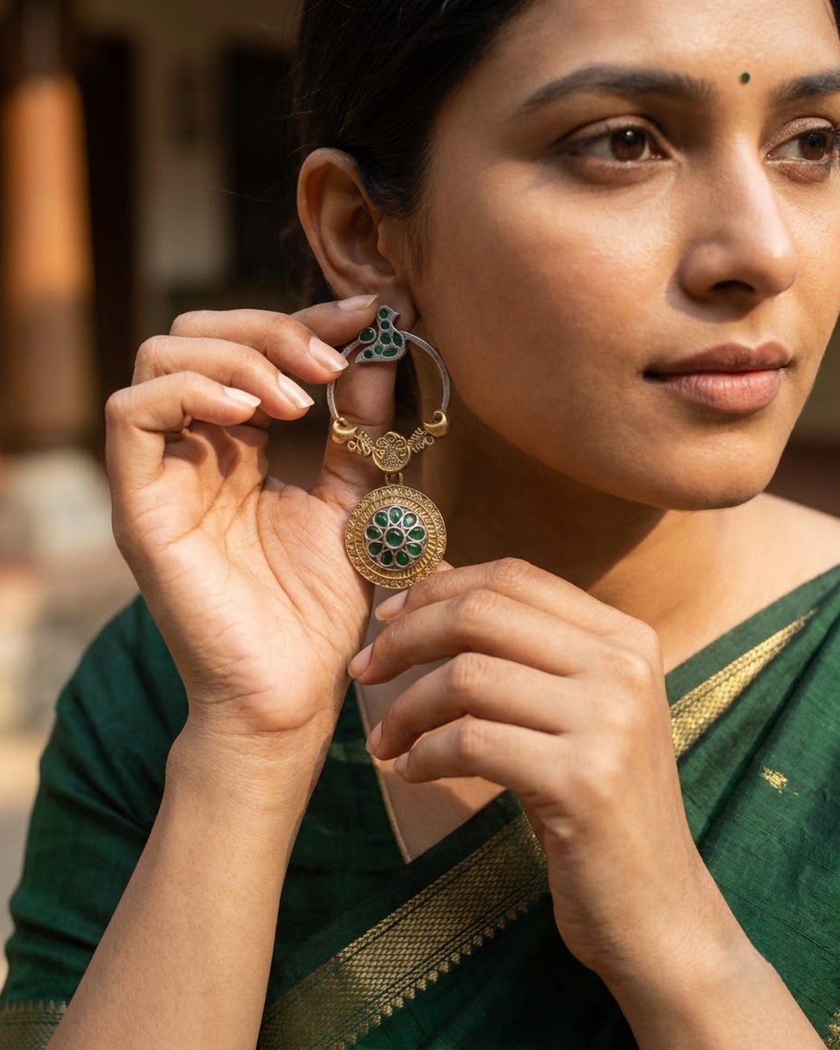 Chidiya Oxidized Dual-Tone Bird Hoop Earrings with Medallion Drop-Green