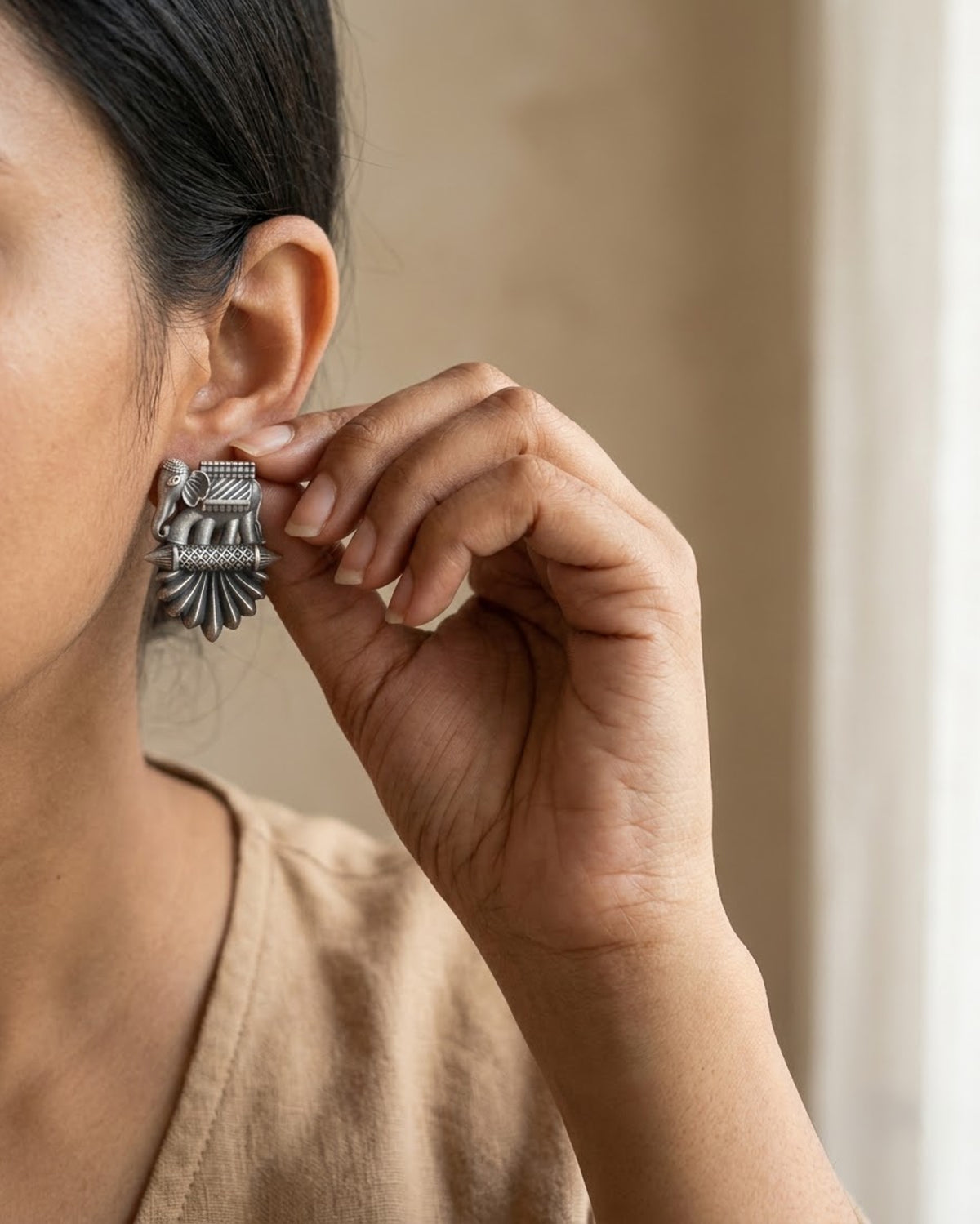 Hathi Palki Oxidized Silver Stud Earrings