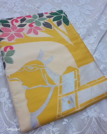 Heavy Slub Kadhi Silk Pichwai Pallu saree - Beige