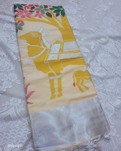 Heavy Slub Kadhi Silk Pichwai Pallu saree - Beige
