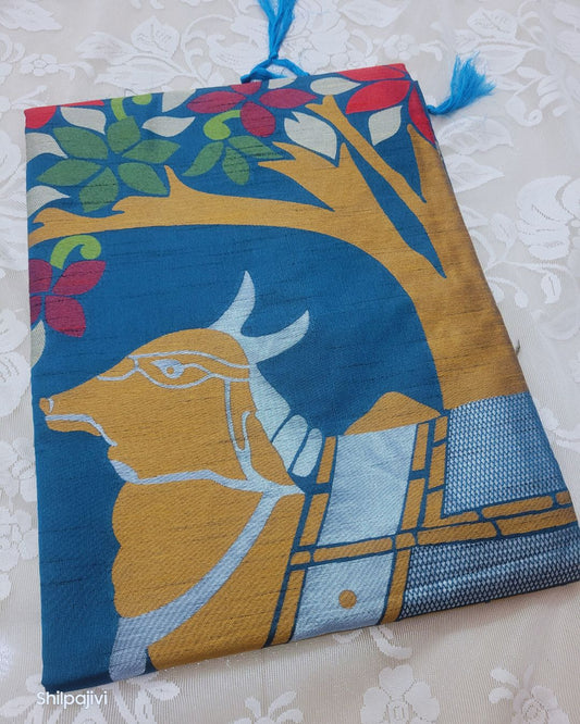 Heavy Slub Kadhi Silk Pichwai Pallu saree - Blue