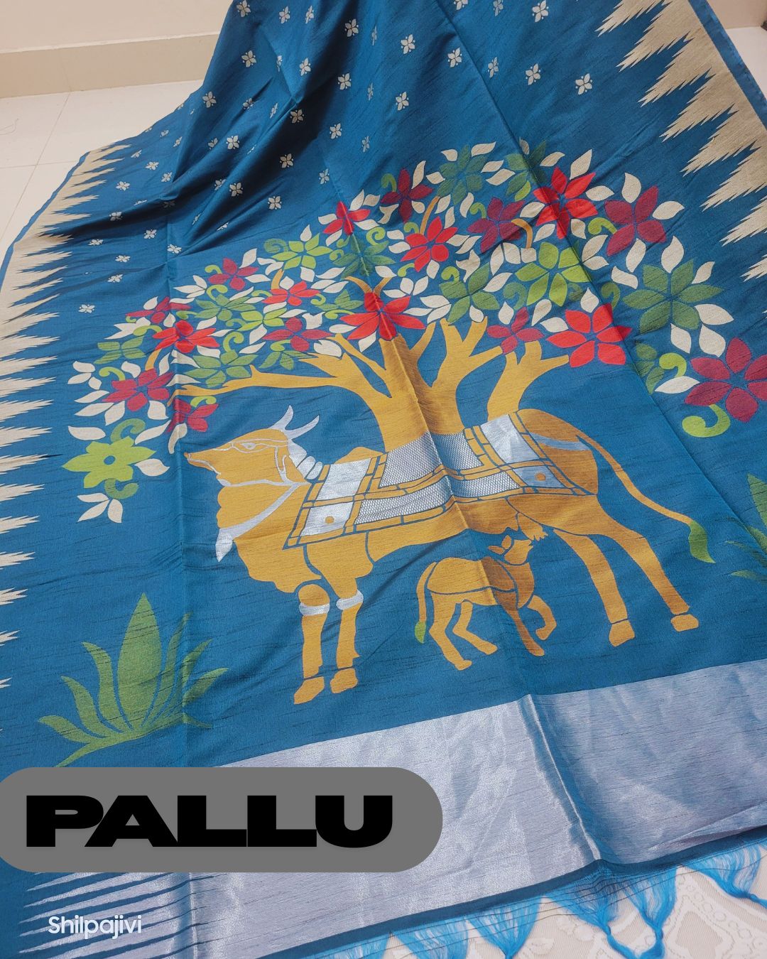 Heavy Slub Kadhi Silk Pichwai Pallu saree - Blue