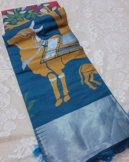 Heavy Slub Kadhi Silk Pichwai Pallu saree - Blue