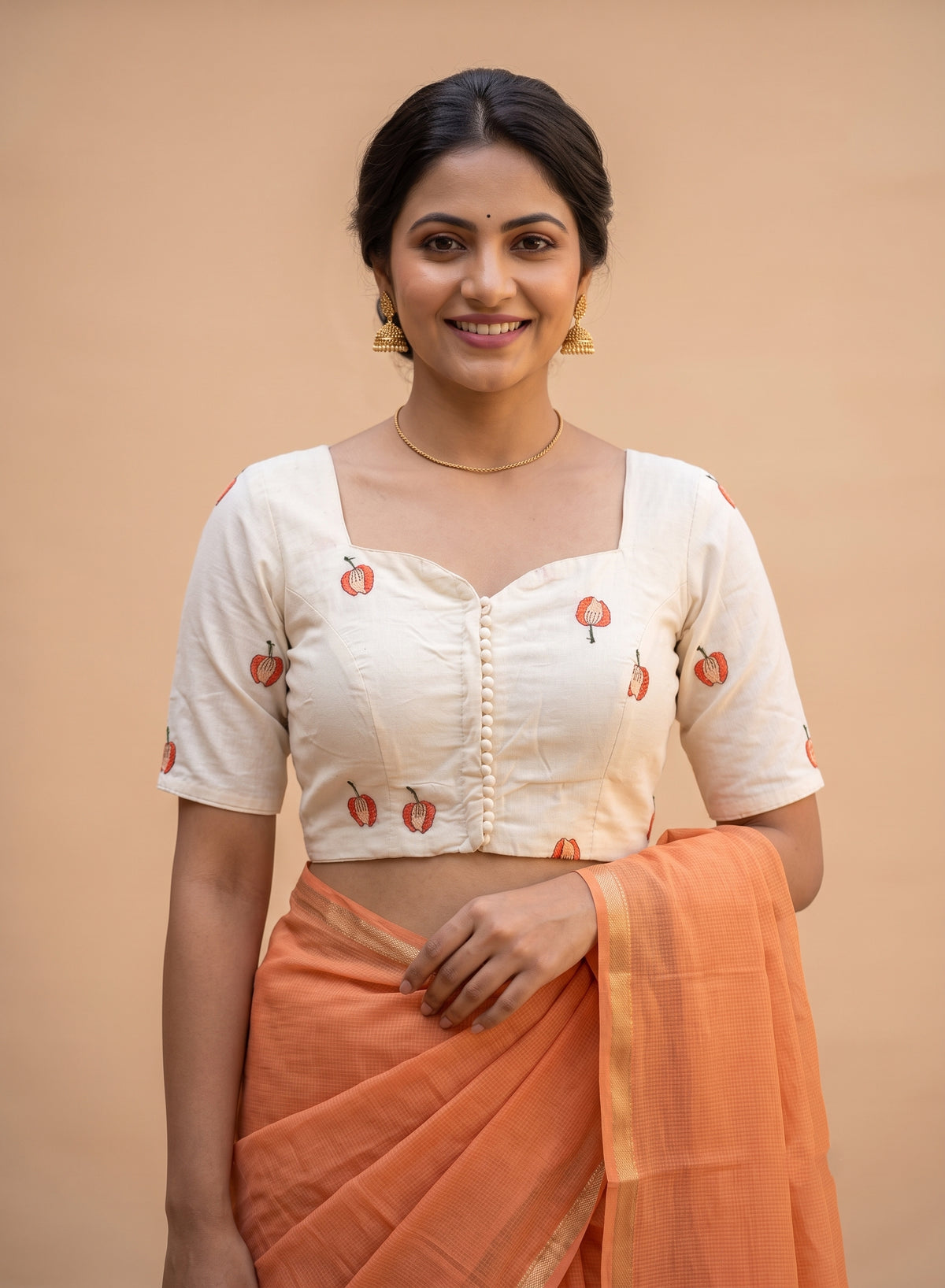 Ivory Khadi Cotton Orange Floral Embroidered Padded Blouse