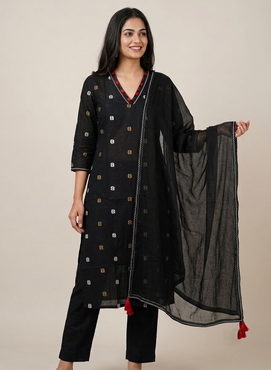 Kaali Raat Black Thread Butta Jamdani Kurta Set with Dupatta