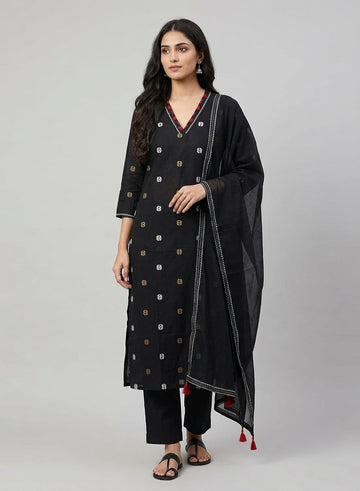 Kaali Raat Black Thread Butta Jamdani Kurta Set with Dupatta