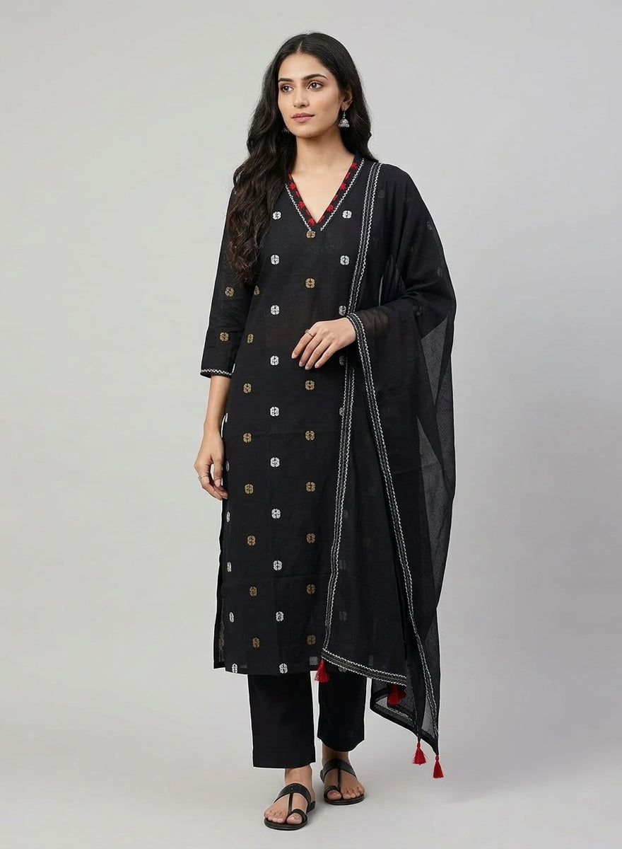 Kaali Raat Black Thread Butta Jamdani Kurta Set with Dupatta