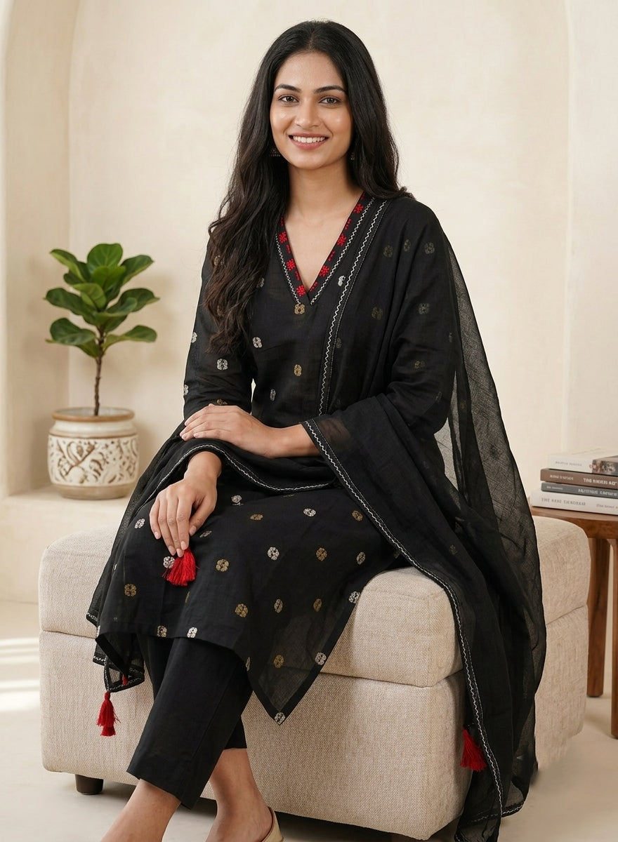 Kaali Raat Black Thread Butta Jamdani Kurta Set with Dupatta