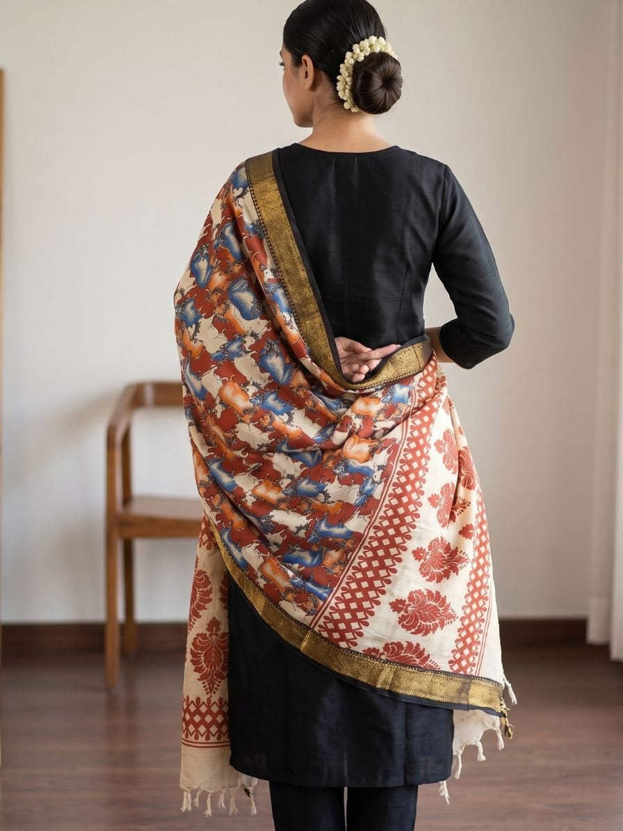 Kalamkari chennur silk cow print dupatta