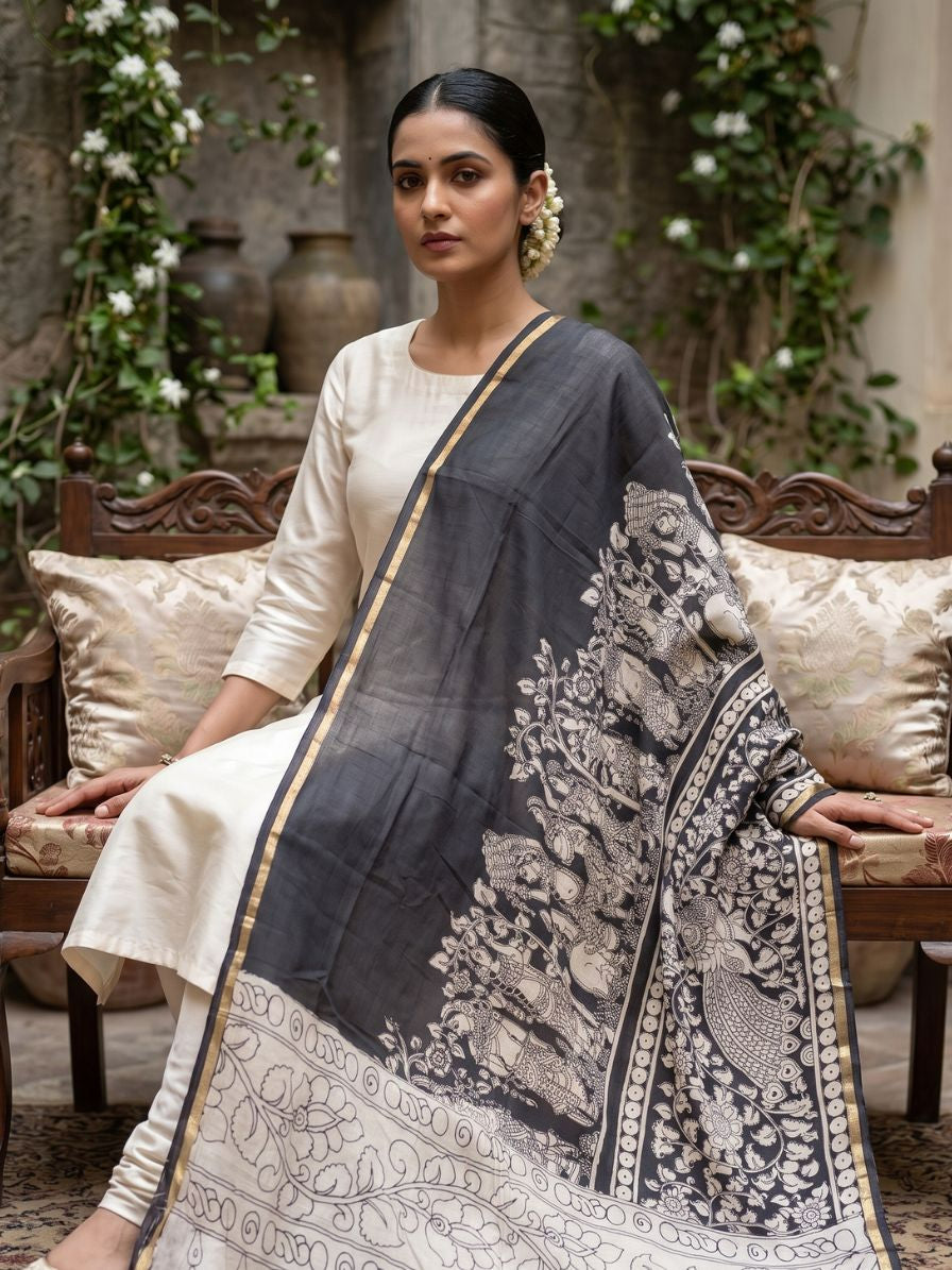Kalamkari chennur silk gatha black dupatta