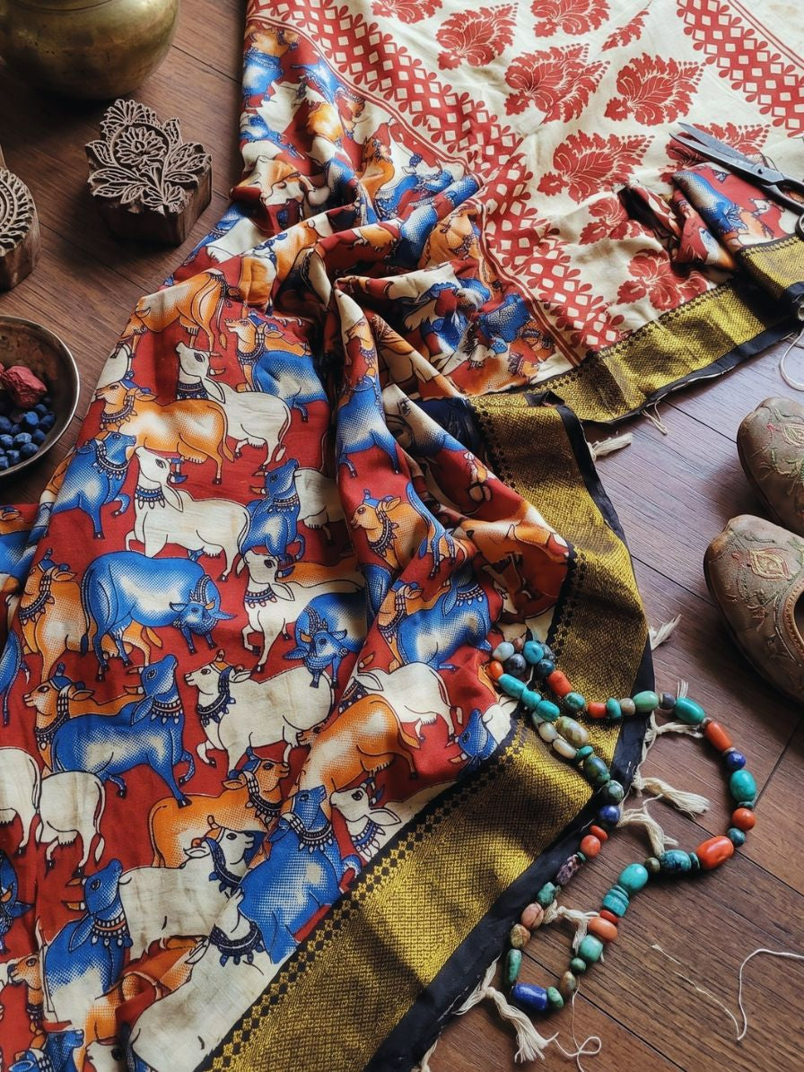 Kalamkari chennur silk cow print dupatta
