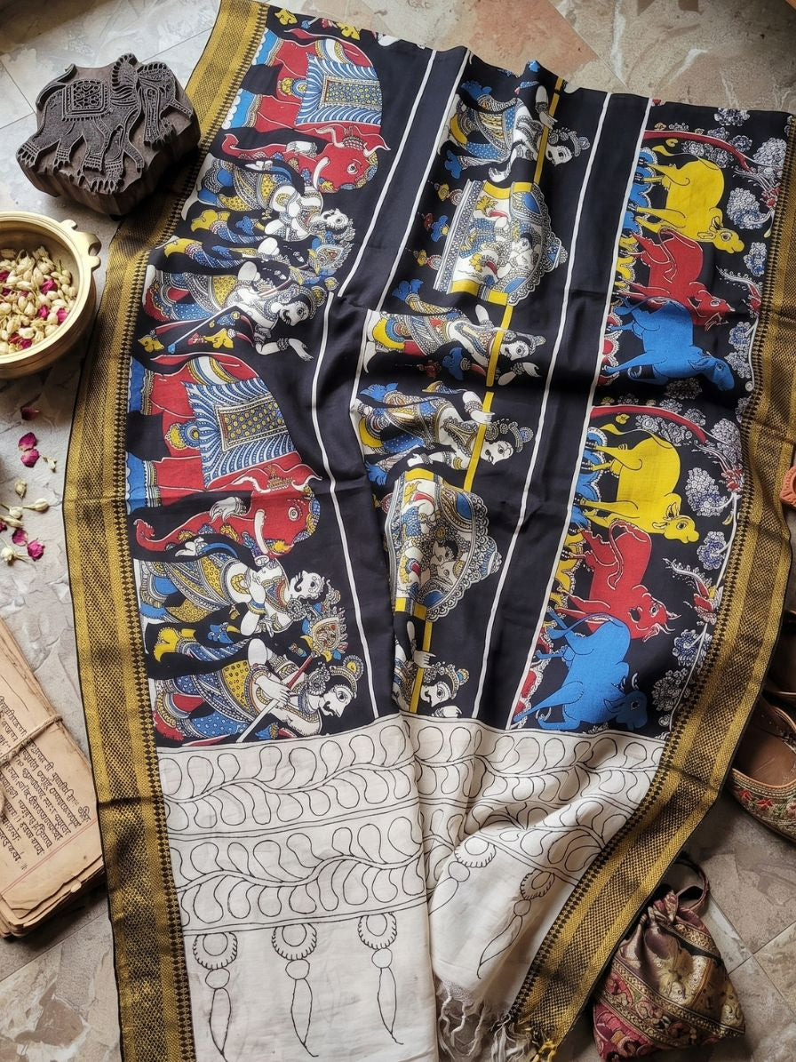 Kalamkari Chennur Silk Dupatta - Katha Red