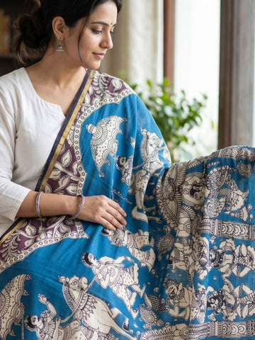 Kalamkari chennur silk gatha blue dupatta