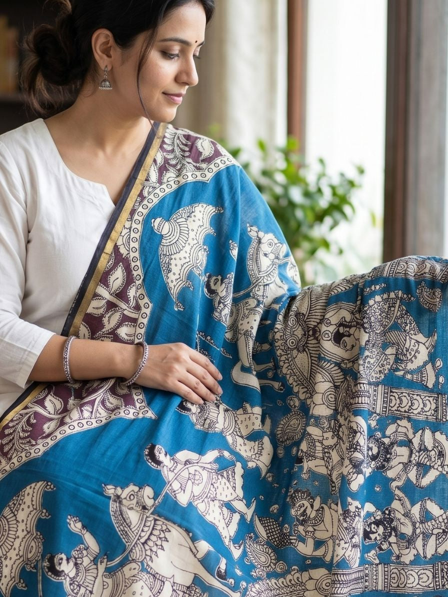 Kalamkari chennur silk gatha blue dupatta