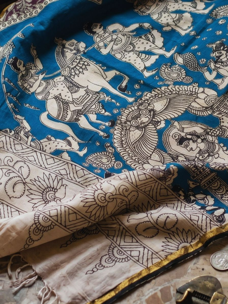 Kalamkari chennur silk gatha blue dupatta