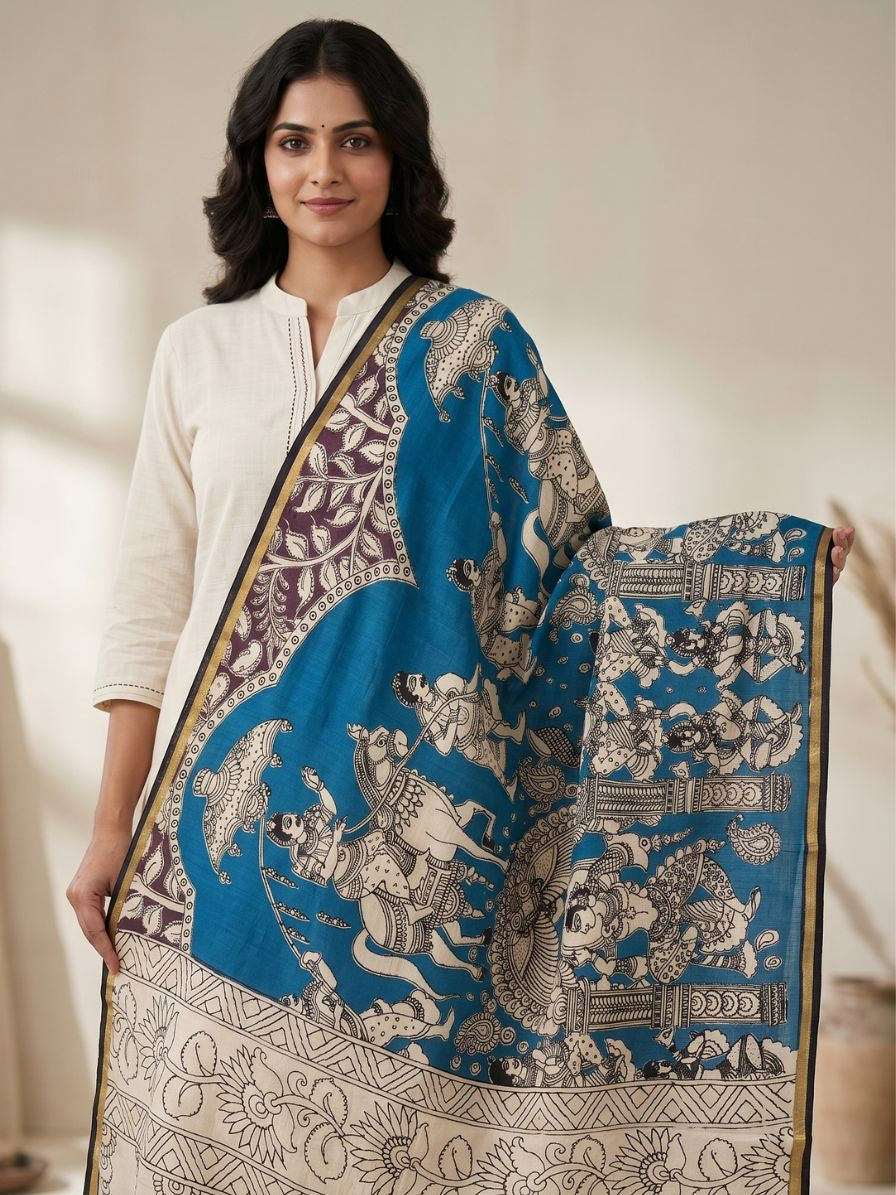 Kalamkari chennur silk gatha blue dupatta