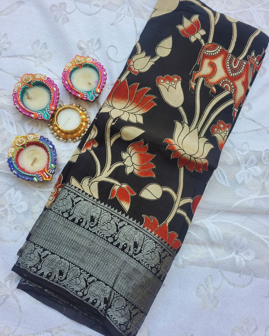 Kalamkari Black Silver Kanchi border Chennur Silk Saree - Lotus Pichwai