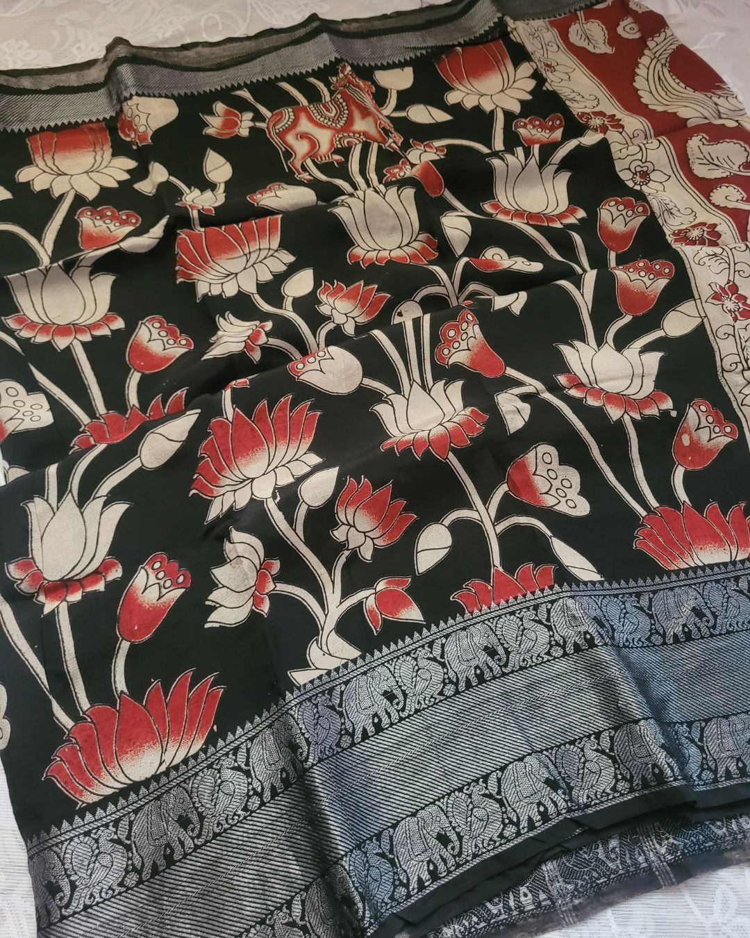 Kalamkari Black Silver Kanchi border Chennur Silk Saree - Lotus Pichwai