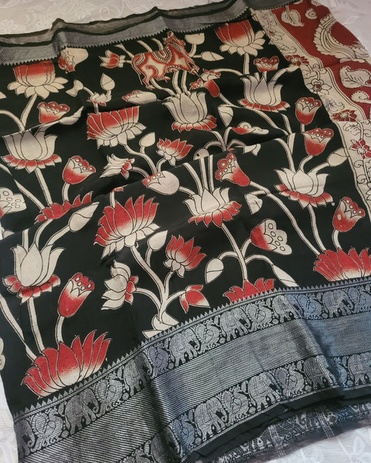 Kalamkari Black Silver Kanchi border Chennur Silk Saree - Lotus Pichwai