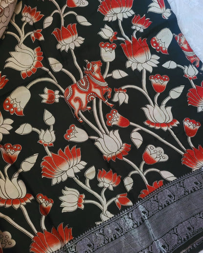 Kalamkari Black Silver Kanchi border Chennur Silk Saree - Lotus Pichwai