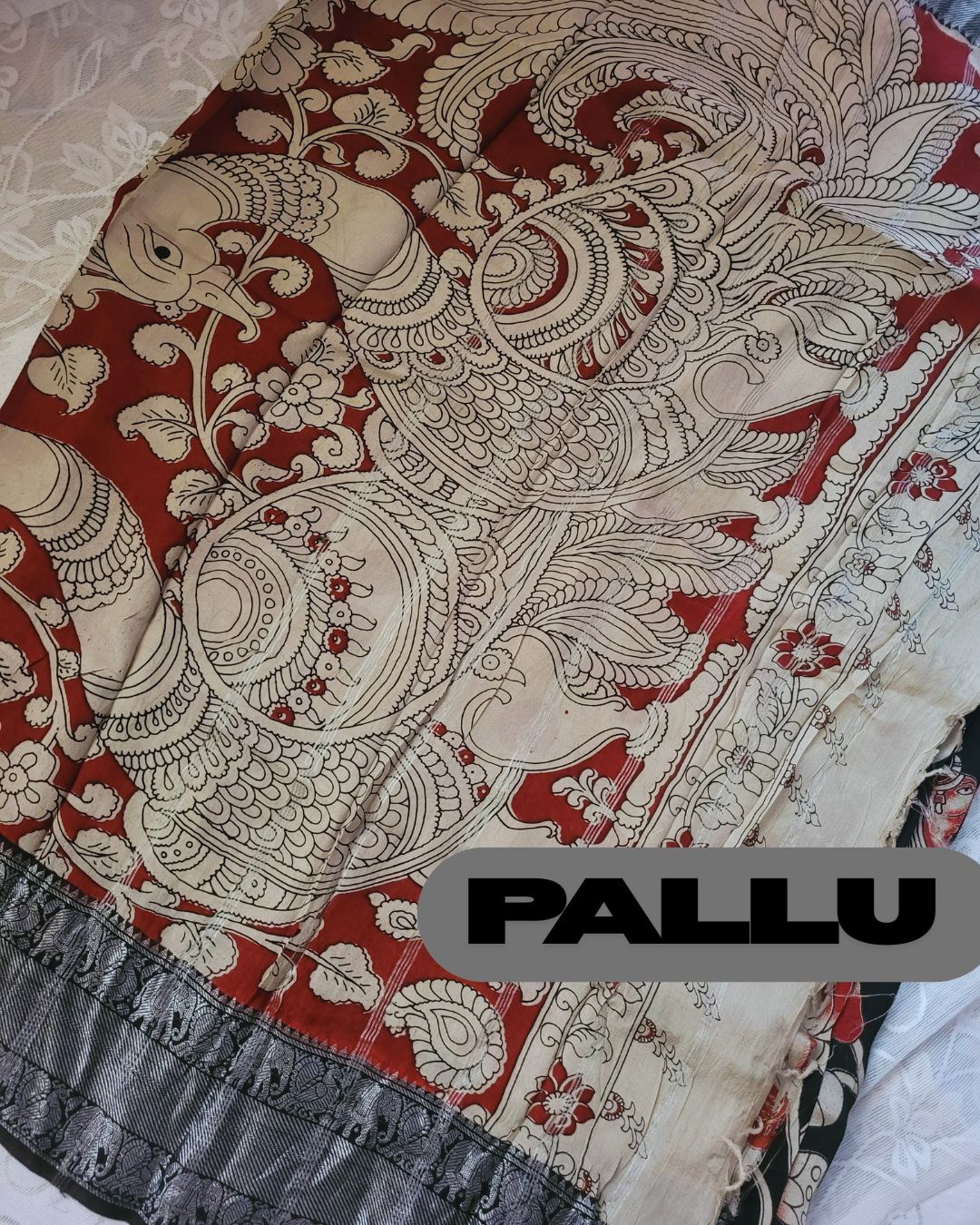 Kalamkari Black Silver Kanchi border Chennur Silk Saree - Lotus Pichwai