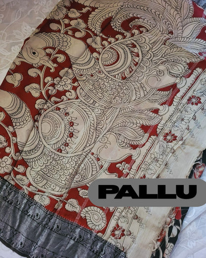 Kalamkari Black Silver Kanchi border Chennur Silk Saree - Lotus Pichwai