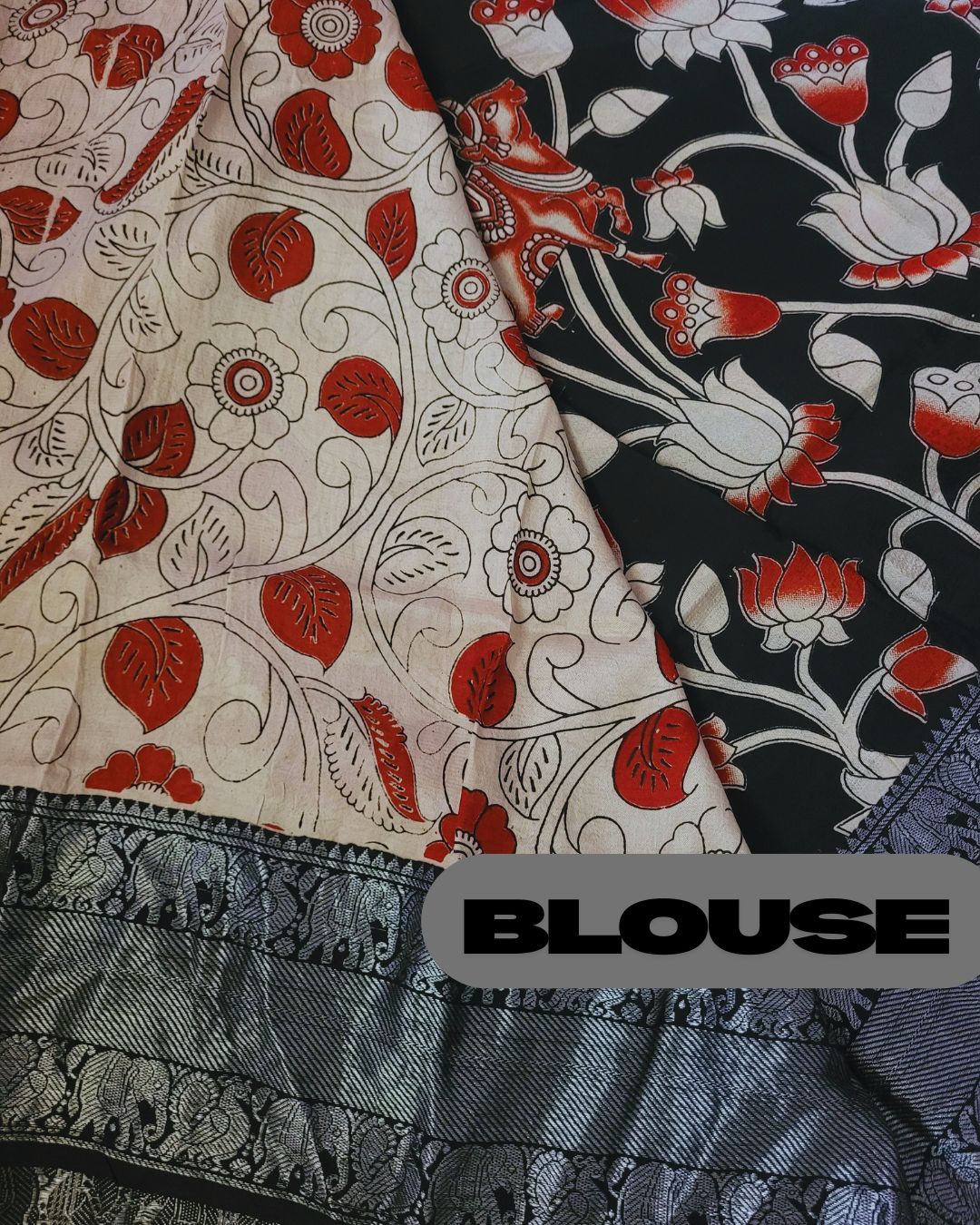 Kalamkari Black Silver Kanchi border Chennur Silk Saree - Lotus Pichwai