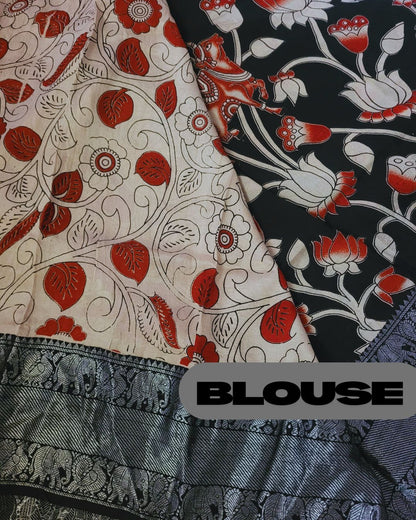 Kalamkari Black Silver Kanchi border Chennur Silk Saree - Lotus Pichwai