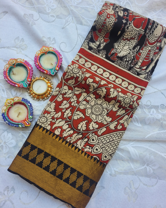 Kalamkari Black Temple border Chennur Silk Saree - Katha