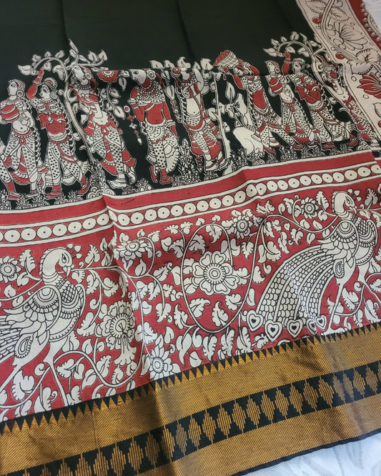 Kalamkari Black Temple border Chennur Silk Saree - Katha