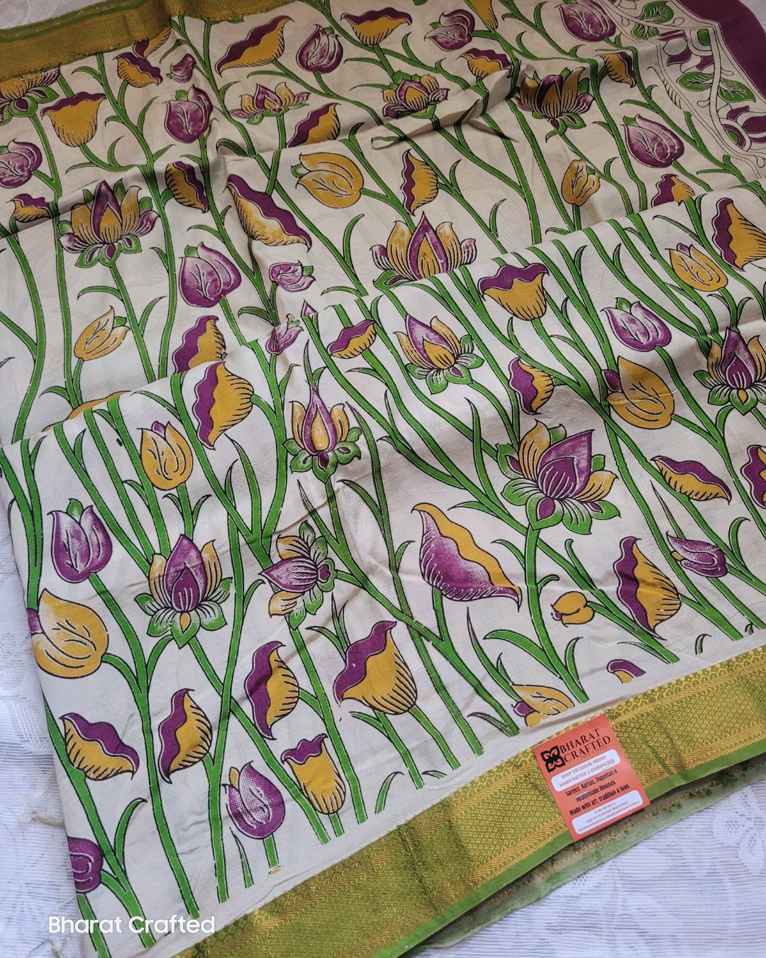 Kalamkari Nizam Border Bright Green Lotus Printed Saree - Florescent Green