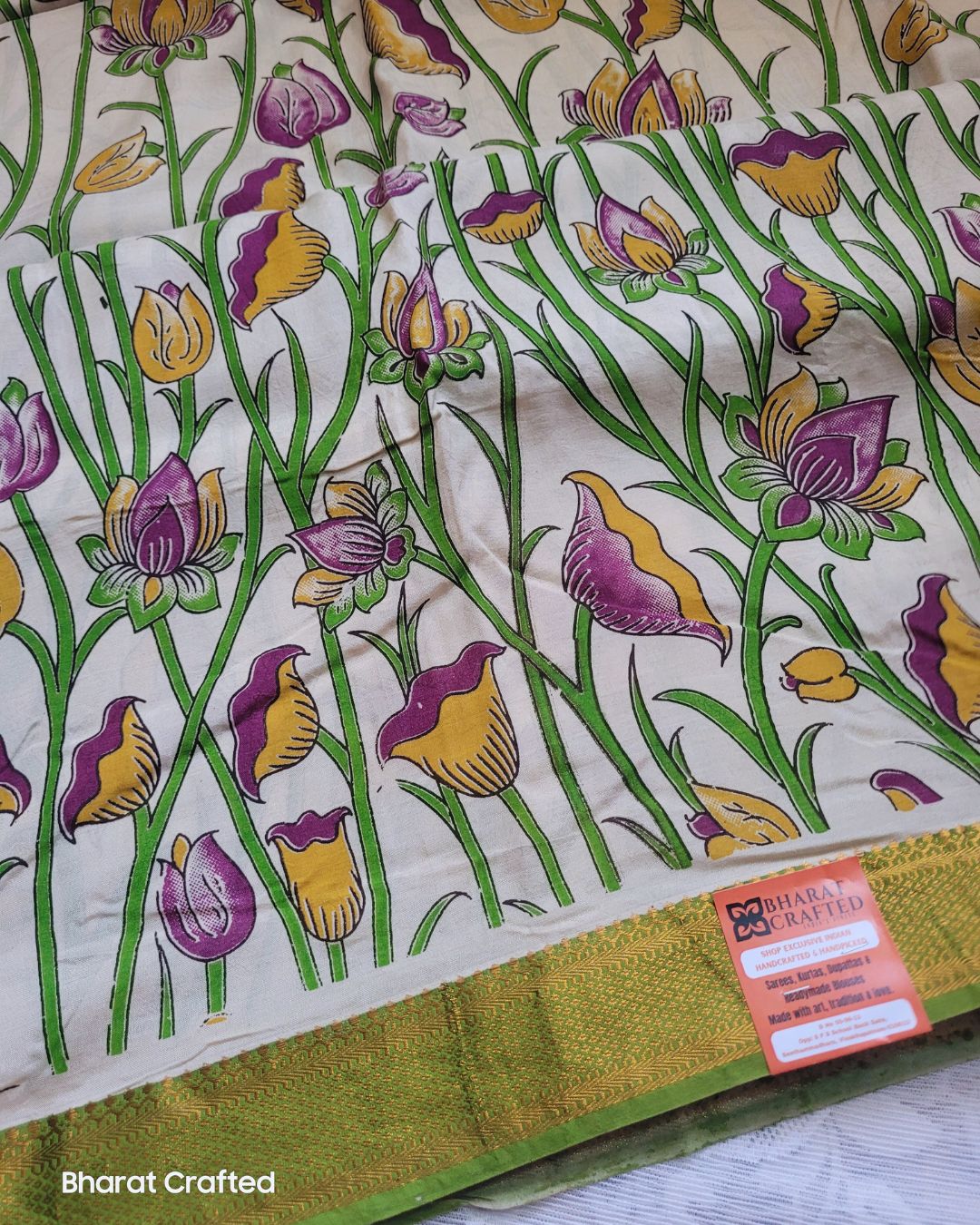 Kalamkari Nizam Border Bright Green Lotus Printed Saree - Florescent Green