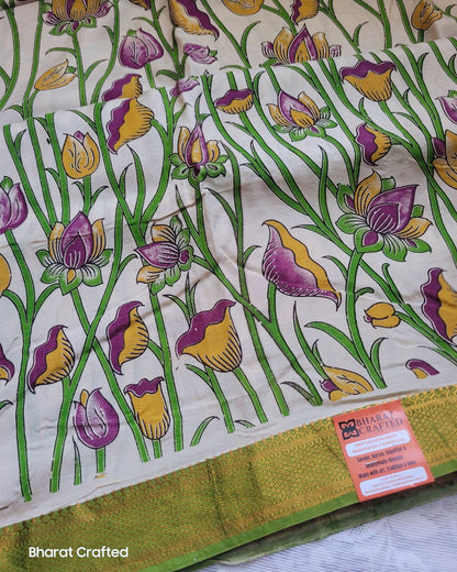 Kalamkari Nizam Border Bright Green Lotus Printed Saree - Florescent Green